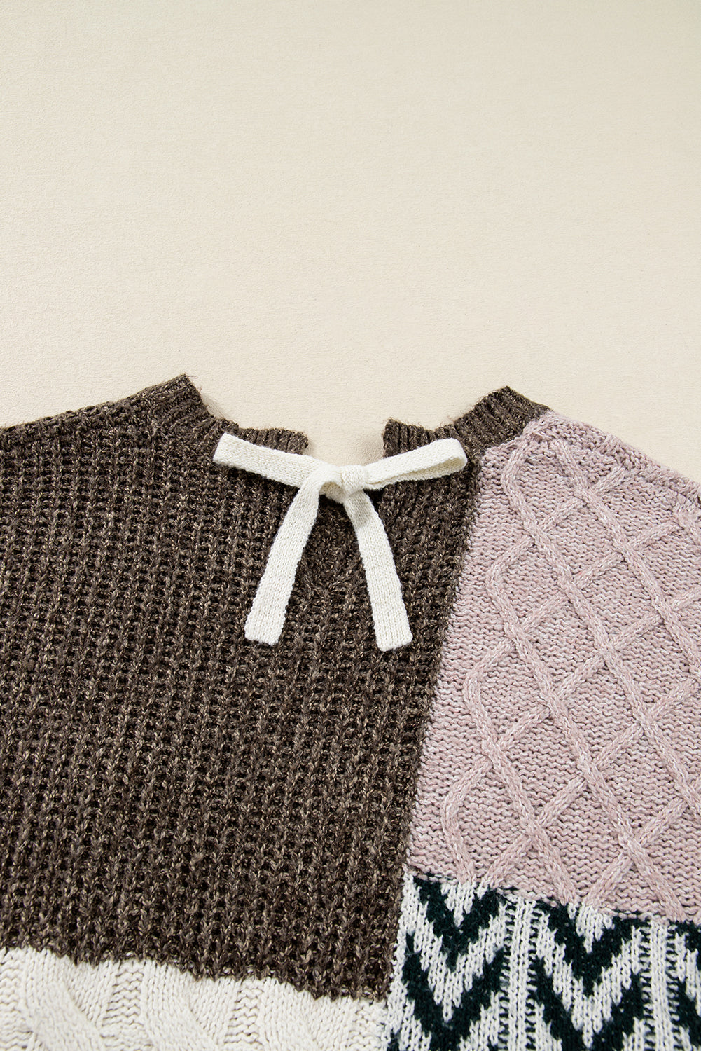 Brown Plus Size Color Block Patchwork Knotted Back Sweater Dear-Lover Dropshipping